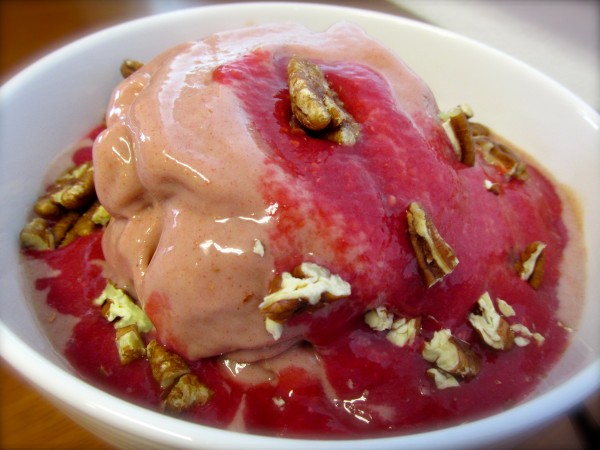 Strawberry Banana Ice Cream with Raspberry Sauce