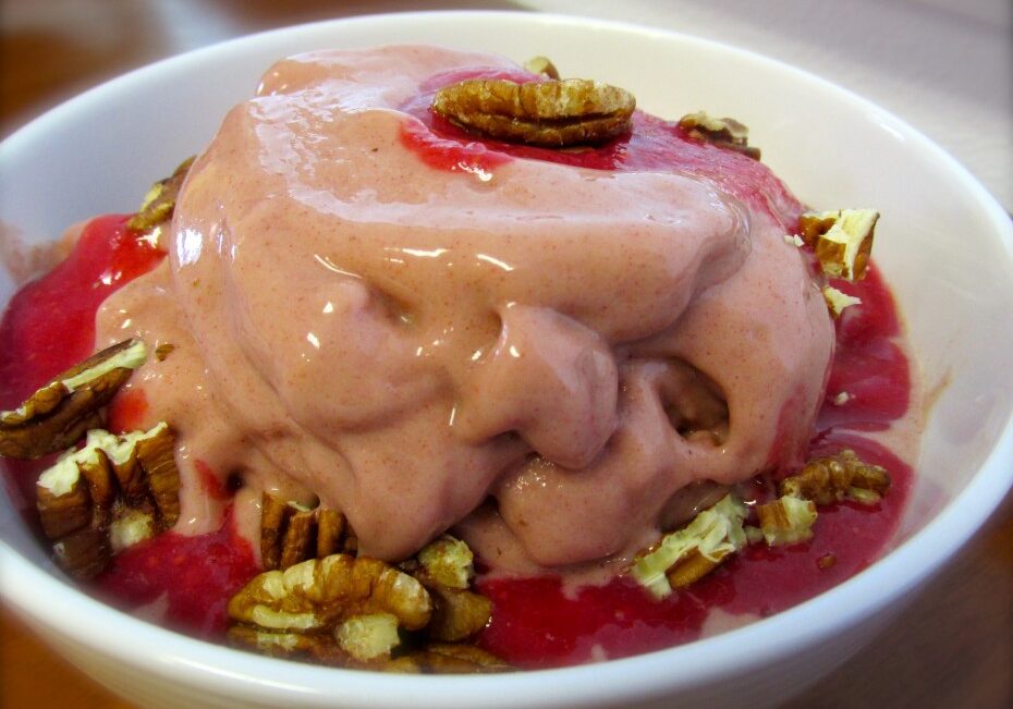 Raw Vegan Strawberry Banana Basil Ice Cream with Raspberry Sauce